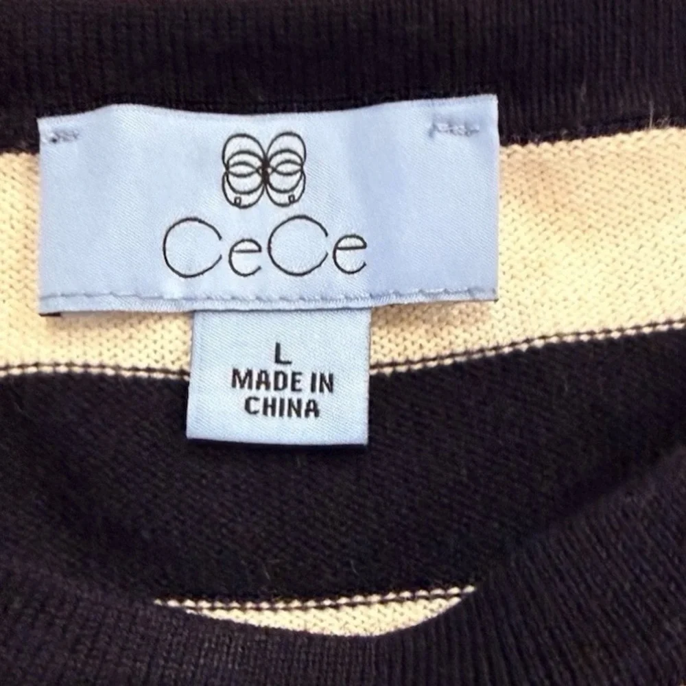 CeCe Navy Stripe Crewneck Sweater 3/4 Gathered Cuff Cotton Pullover L